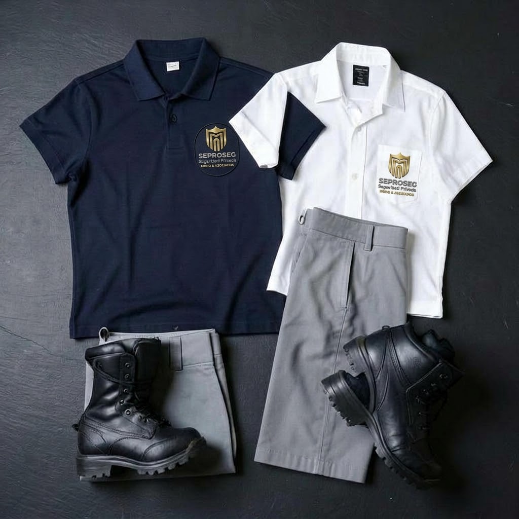 Uniformes oficiales SEPROSEG con polo, camisa, pantalón y botas