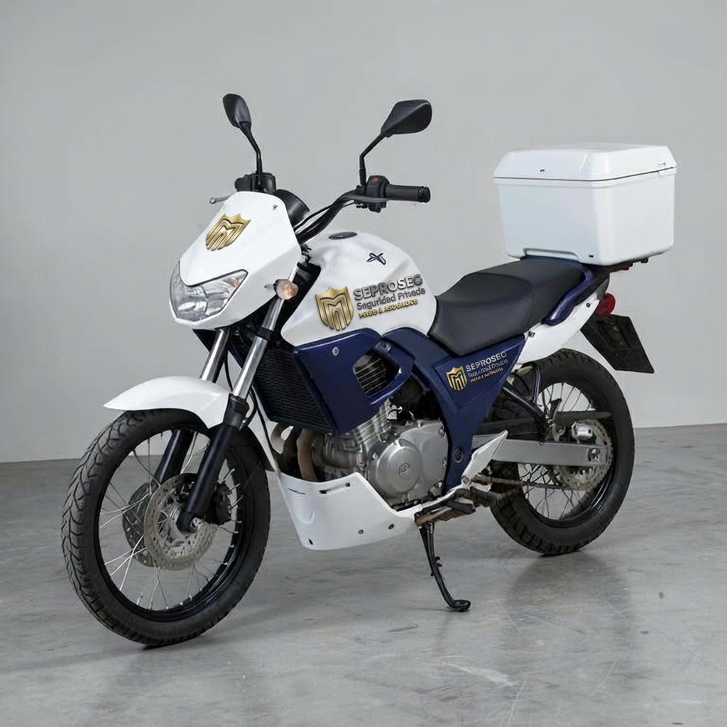 Motocicleta SEPROSEG blanca y azul con baúl