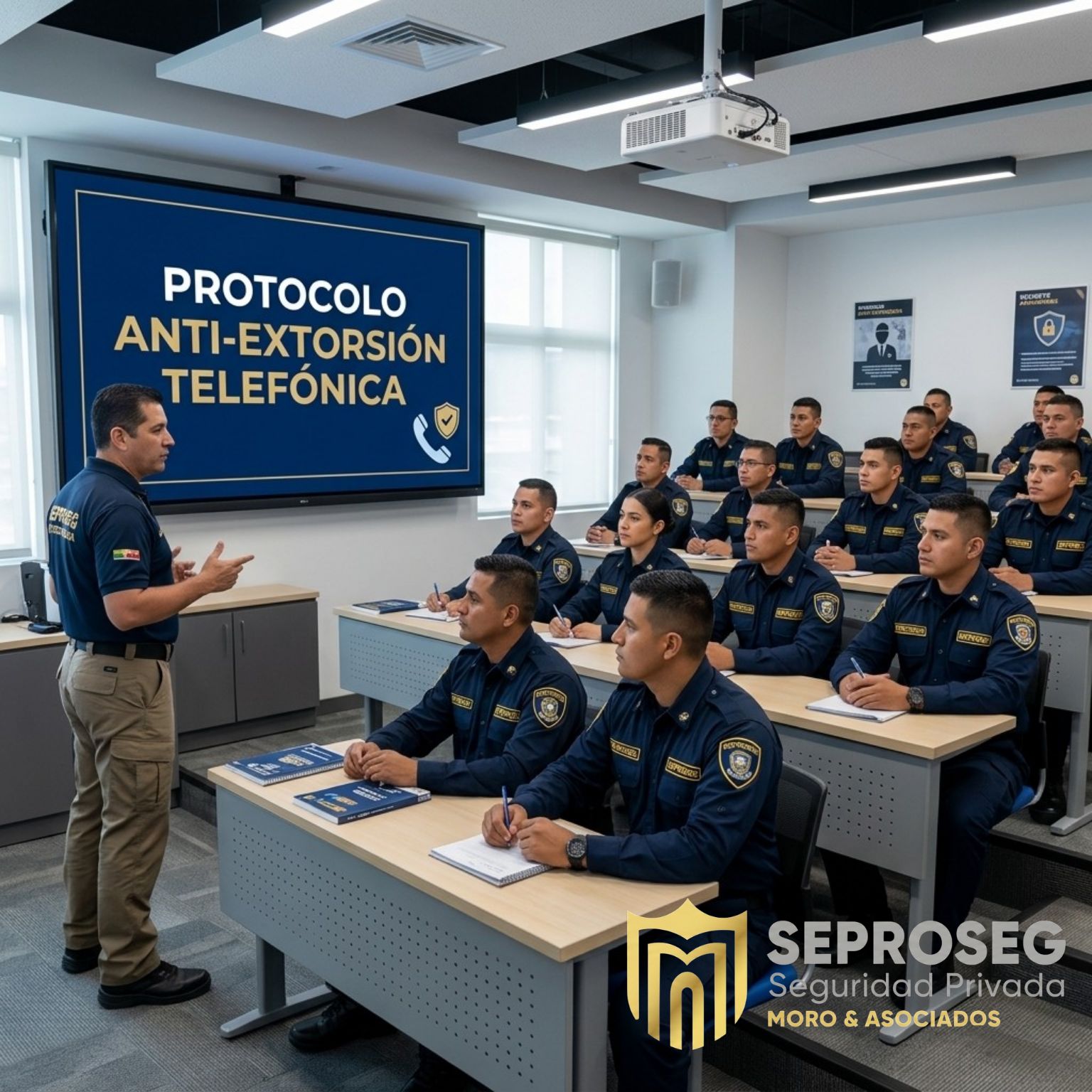 Capacitación SEPROSEG — instructor frente al salón durante el protocolo anti-extorsión telefónica